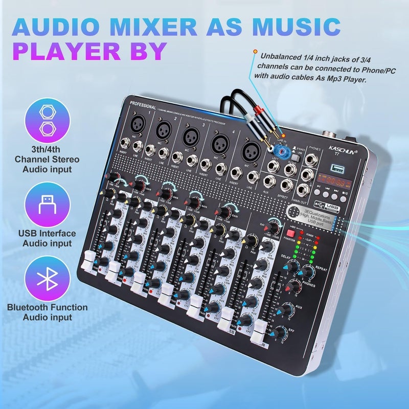 Kaschun T7 7-Channel Audio Mixer with 48V Phantom Power, USB/MP3 Input & Reverb Effects for PC Recording, Parties & Weddings​ - Image 2